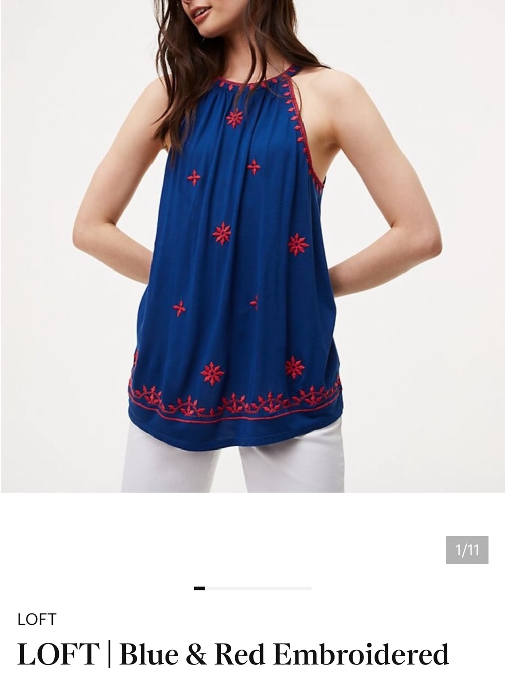 LOFT Blue Halter Embroidered Halter Top with Red Accents size S